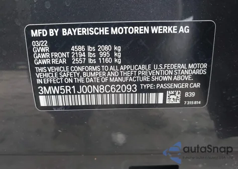 2022 BMW 330I из США, поврежденный, VIN 3MW5R1J00N8C62093